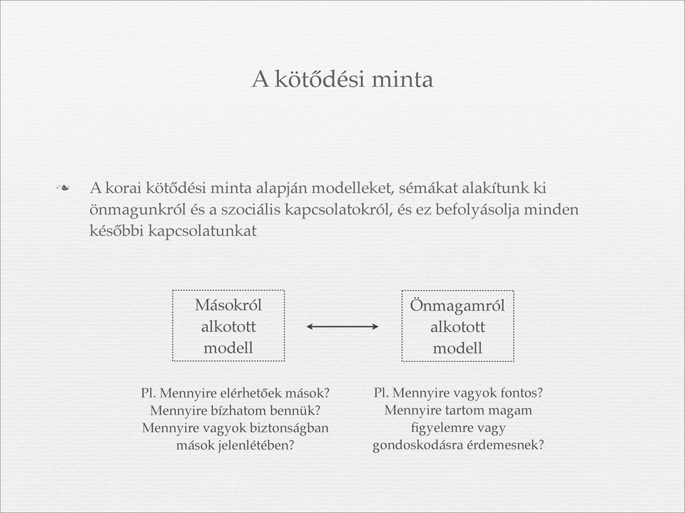 Önmagamról alkotott modell Pl. Mennyire elérhetőek mások? Mennyire bízhatom bennük?