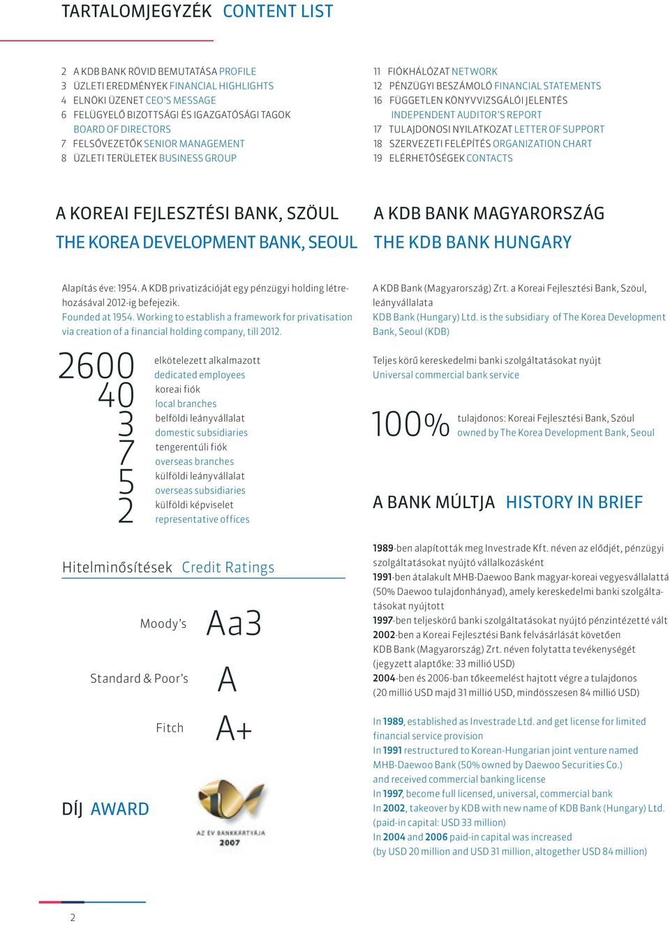 S REPORT 17 TULAJDONOSI NYILATKOZAT LETTER OF SUPPORT 18 SZERVEZETI FELÉPÍTÉS ORGANIZATION CHART 19 ELÉRHETÔSÉGEK CONTACTS A KOREAI FEJLESZTÉSI BANK, SZÖUL THE KOREA DEVELOPMENT BANK, SEOUL A KDB