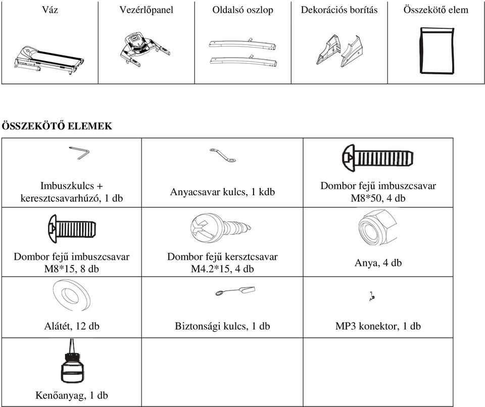 imbuszcsavar M8*50, 4 db Dombor fejű imbuszcsavar M8*15, 8 db Dombor fejű