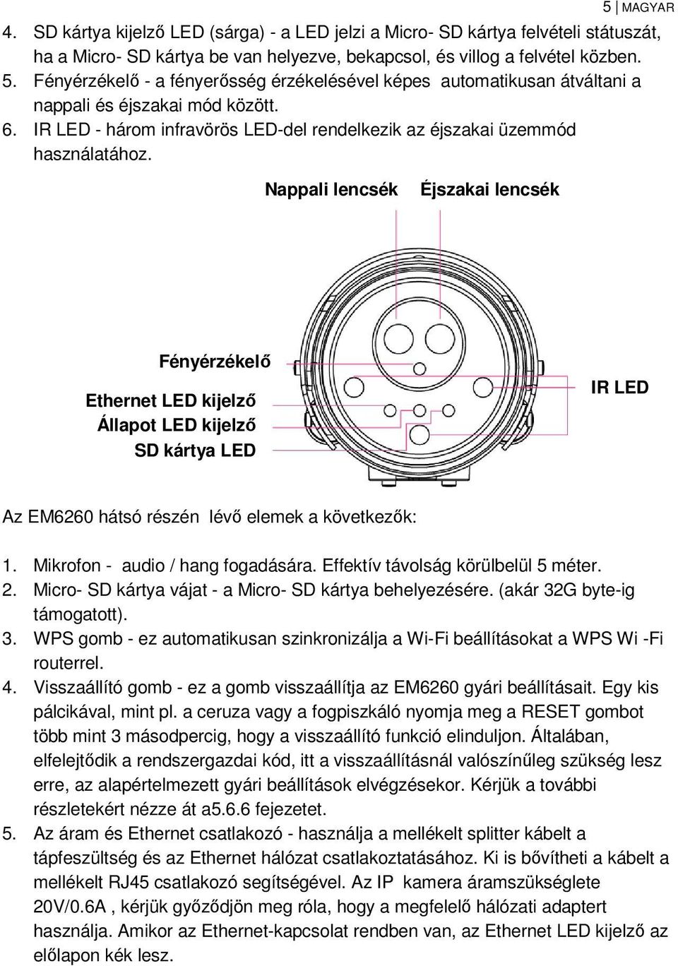 Nappali lencsék Éjszakai lencsék Fényérzékelő Ethernet LED kijelző Állapot LED kijelző SD kártya LED IR LED Az EM6260 hátsó részén lévő elemek a következők: 1. Mikrofon - audio / hang fogadására.