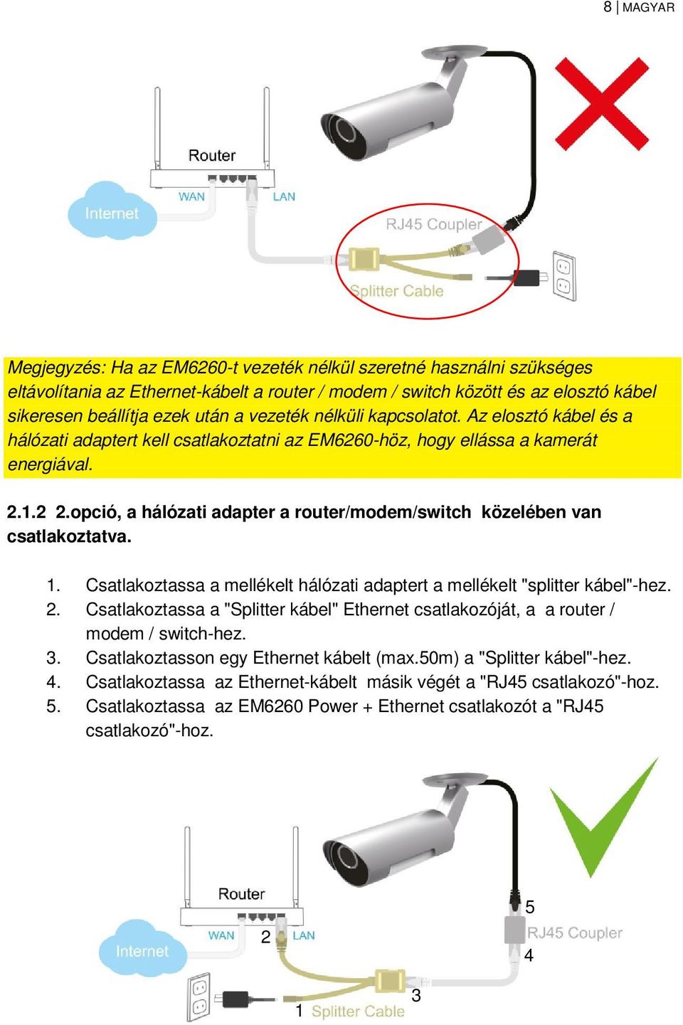 opció, a hálózati adapter a router/modem/switch közelében van csatlakoztatva. 1. Csatlakoztassa a mellékelt hálózati adaptert a mellékelt "splitter kábel"-hez. 2.
