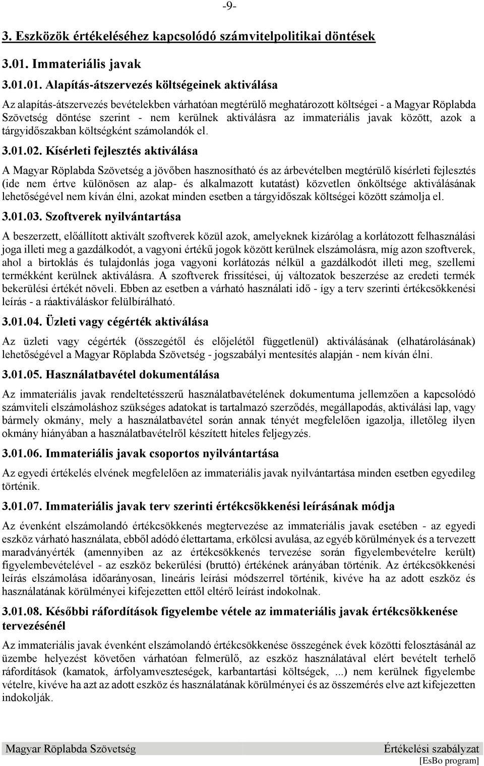 01. Alapítás-átszervezés költségeinek aktiválása Az alapítás-átszervezés bevételekben várhatóan megtérülő meghatározott költségei - a Magyar Röplabda Szövetség döntése szerint - nem kerülnek