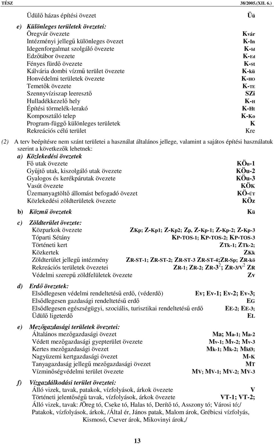 Rekreációs célú terület Üü Kvár K-In K-Id K-Ed K-St K-kü K-HO K-TE SZi K-H K-Ht K-Ko K Kre (2) A terv beépítésre nem szánt területei a használat általános jellege, valamint a sajátos építési