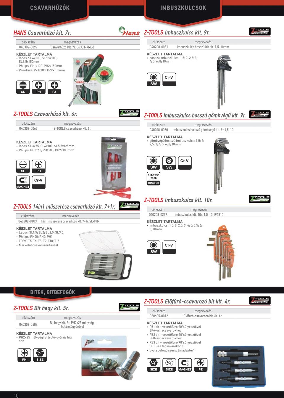 6r. 040302-0063 Z-TOOLS csavarhúzó klt. 6r. lapos: SL3x75; SL4x100; SL5,5x125mm Philips: PH0x60; PH1x80; PH2x100mm Z-TOOLS Imbuszkulcs hosszú gömbvégű klt. 9r.