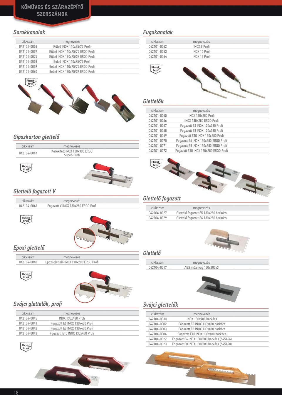 Glettelők Gipszkarton glettelő 042104-0047 Kerekített INOX 130x305 ERGO Super-Profi 042101-0065 INOX 130x280 Profi 042101-0066 INOX 130x280 ERGO Profi 042101-0067 Fogazott E6 INOX 130x280 Profi