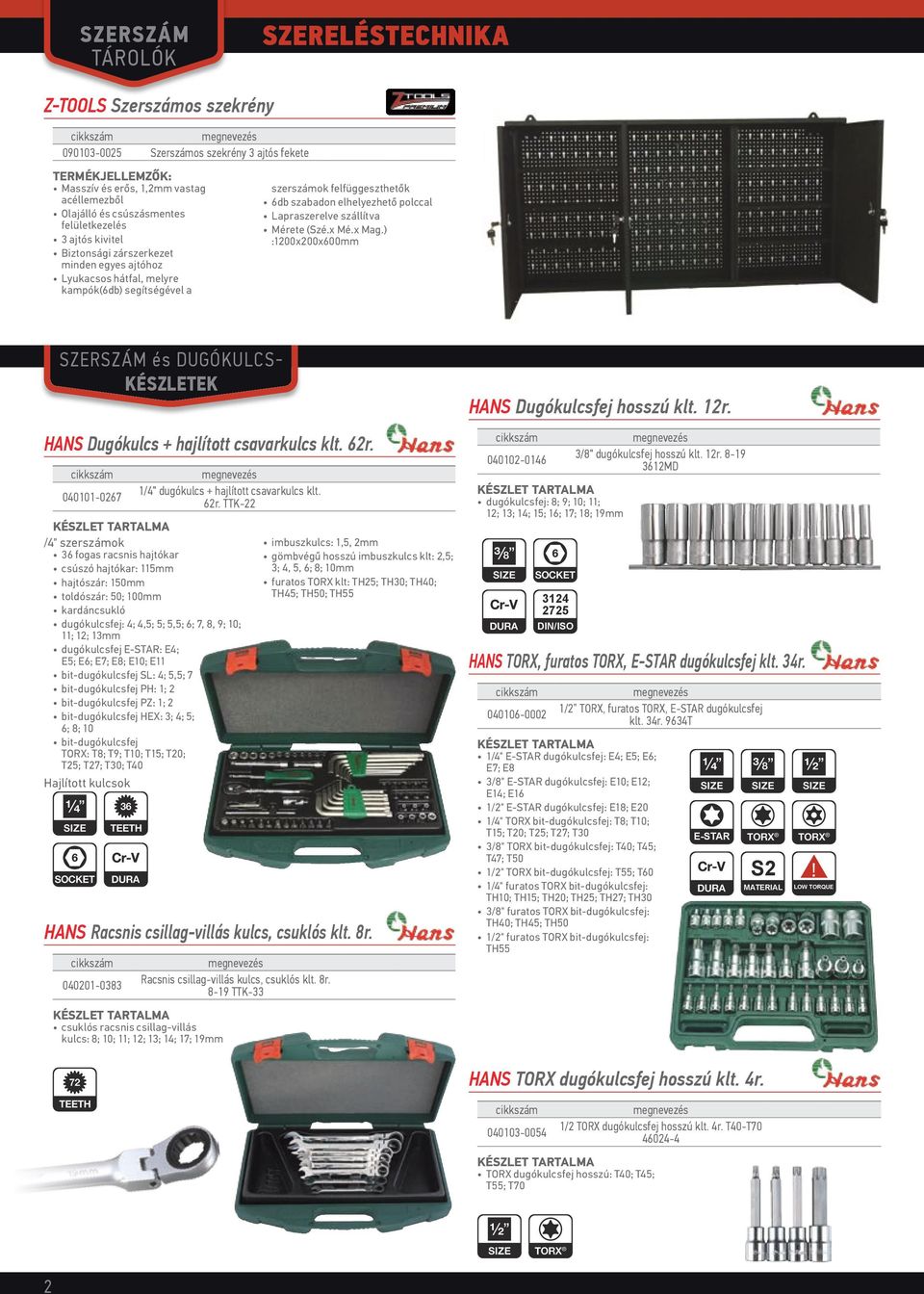 Lapraszerelve szállítva Mérete (Szé.x Mé.x Mag.) :1200x200x600mm SZERSZÁM és DUGÓKULCS- KÉSZLETEK HANS Dugókulcs + hajlított csavarkulcs klt. 62r.