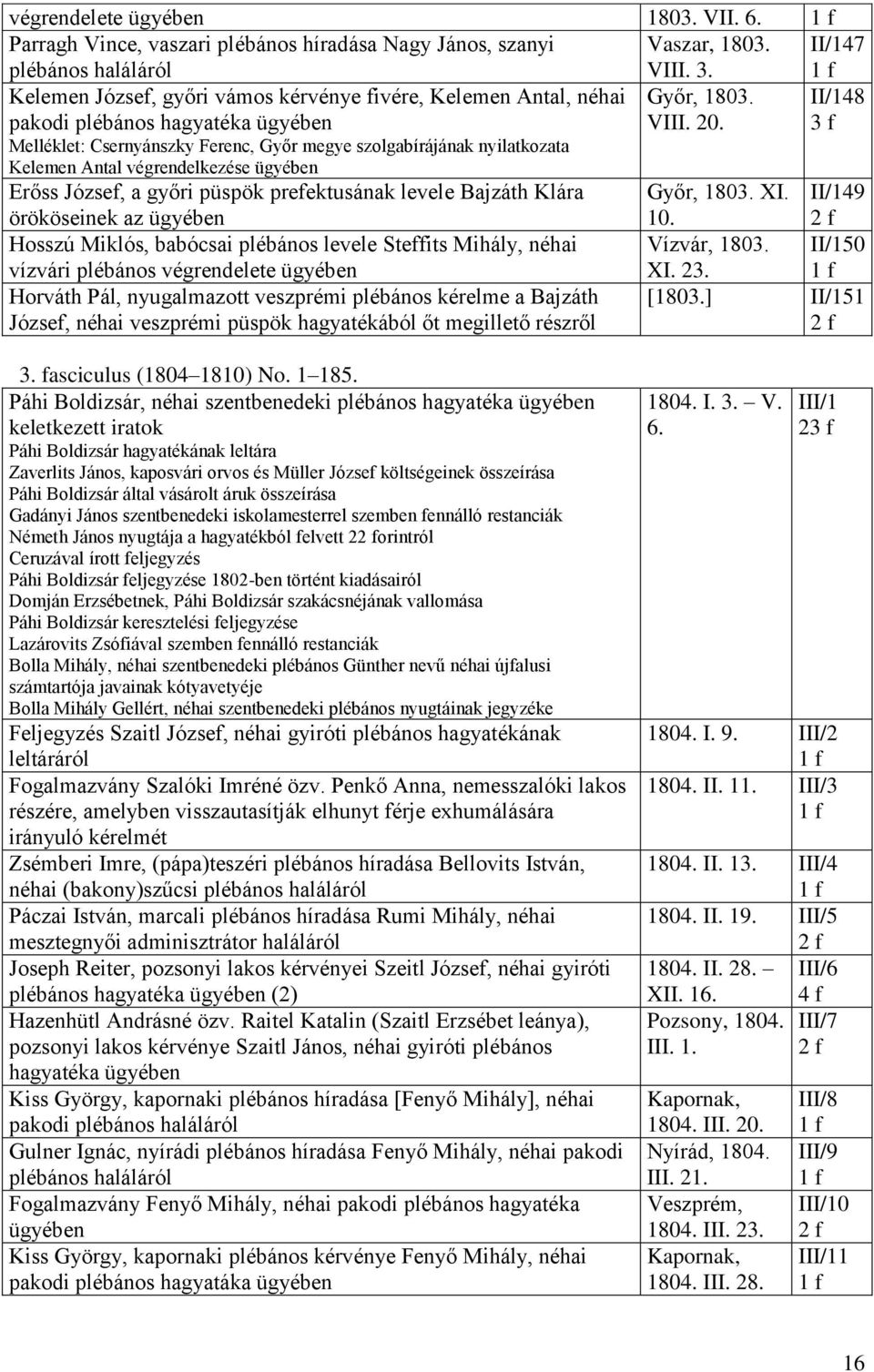 II/148 Melléklet: Csernyánszky Ferenc, Győr megye szolgabírájának nyilatkozata Kelemen Antal végrendelkezése Erőss József, a győri püspök prefektusának levele Bajzáth Klára örököseinek az Győr, 1803.