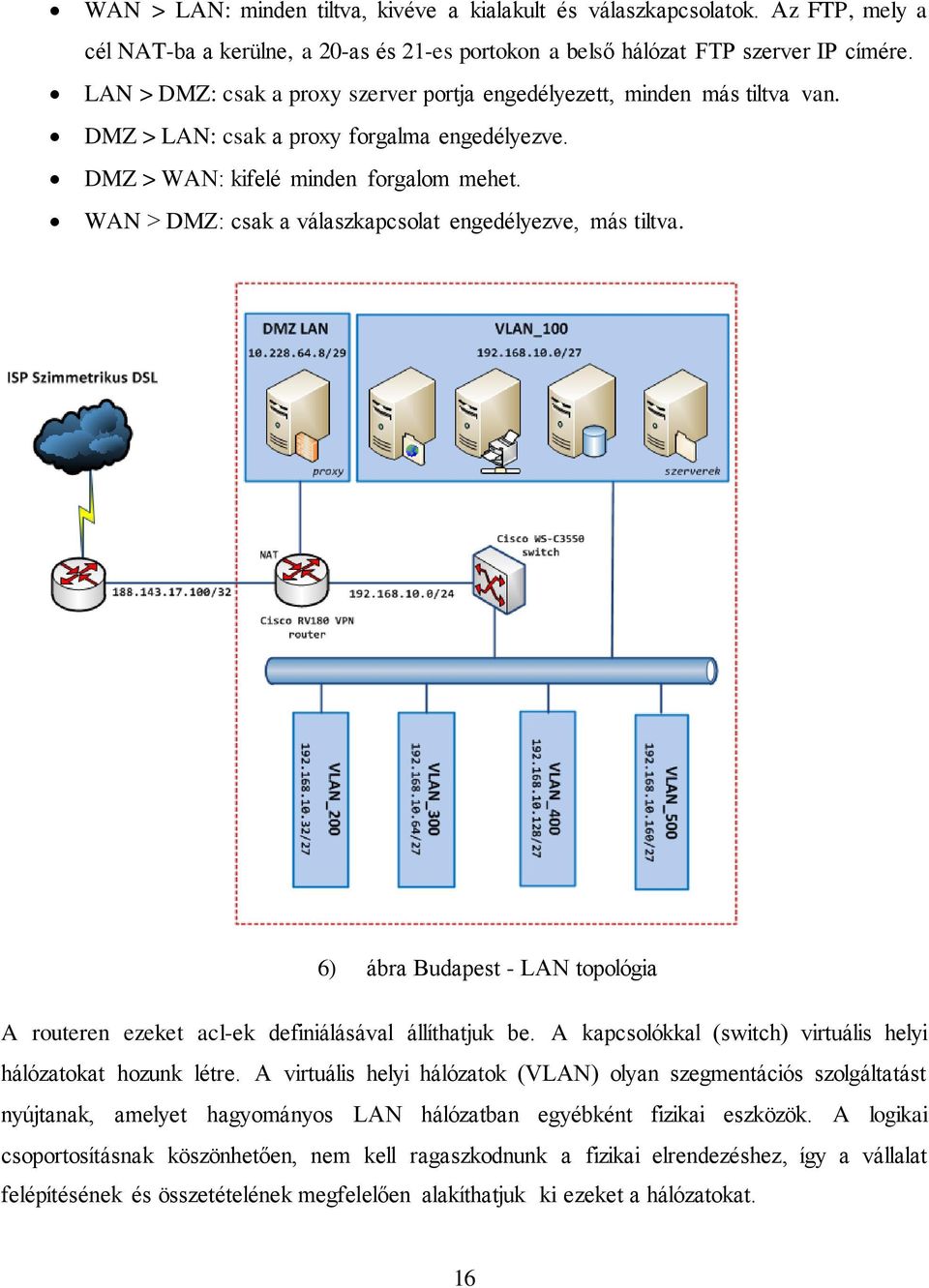 WAN > DMZ: csak a válaszkapcsolat engedélyezve, más tiltva. 6) ábra Budapest - LAN topológia A routeren ezeket acl-ek definiálásával állíthatjuk be.