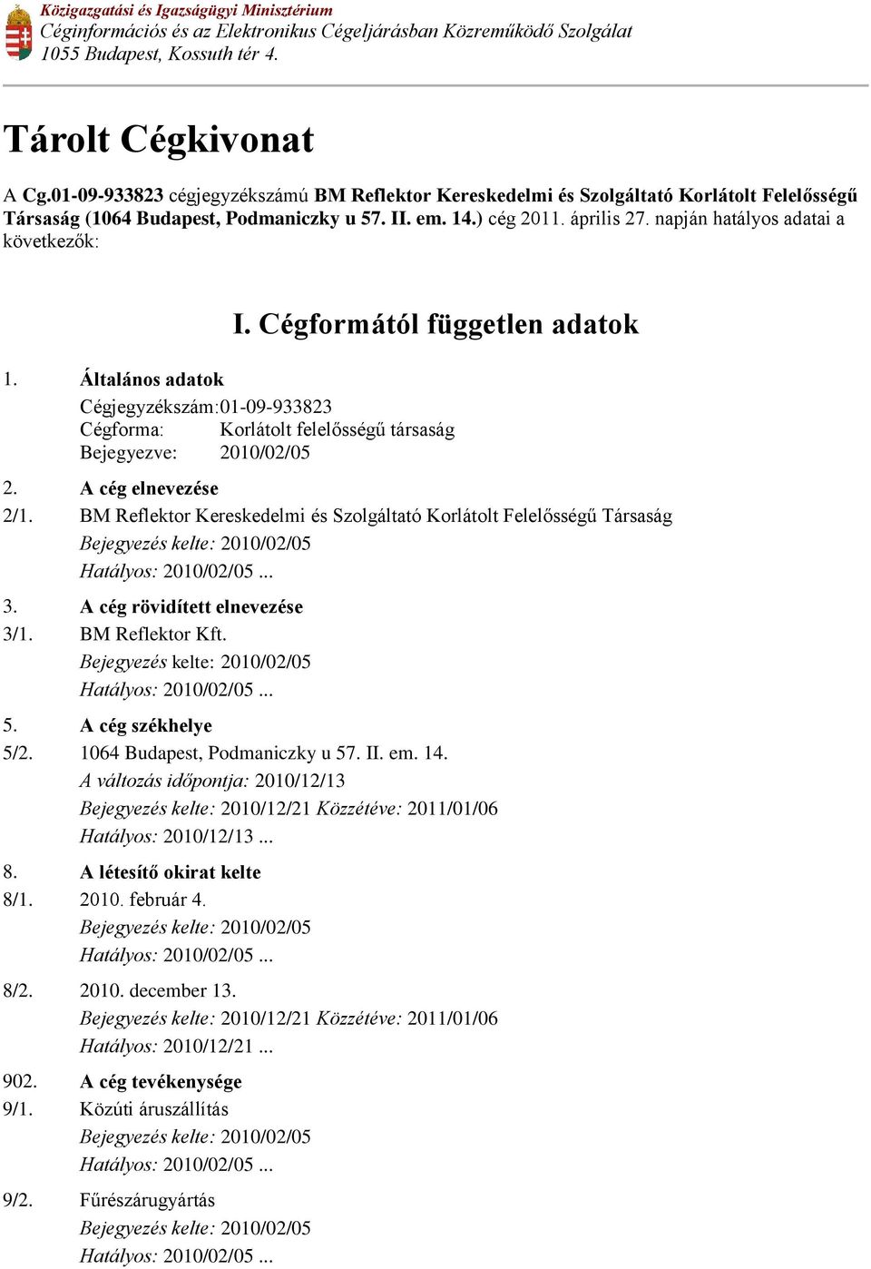 napján hatályos adatai a következők: I. Cégformától független adatok 1. Általános adatok 01-09-933823 Cégforma: Korlátolt felelősségű társaság Bejegyezve: 2010/02/05 2. A cég elnevezése 2/1.