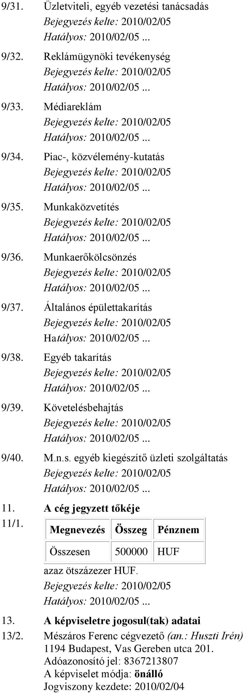 A cég jegyzett tőkéje 11/1. Megnevezés Összeg Pénznem Összesen 500000 HUF azaz ötszázezer HUF. 13. A képviseletre jogosul(tak) adatai 13/2.