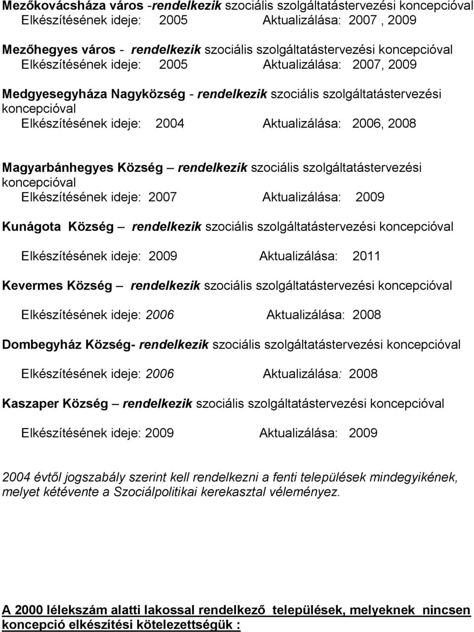 2008 Magyarbánhegyes Község rendelkezik szociális szolgáltatástervezési koncepcióval Elkészítésének ideje: 2007 Aktualizálása: 2009 Kunágota Község rendelkezik szociális szolgáltatástervezési
