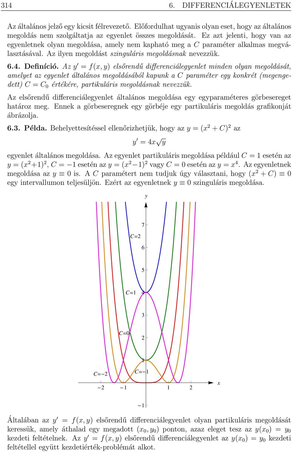 Az y = f(, y) elsőrendű differenciálegyenlet minden olyan megoldását, amelyet az egyenlet általános megoldásából kapunk a C paraméter egy konkrét (megengedett) C = C 0 értékére, partikuláris