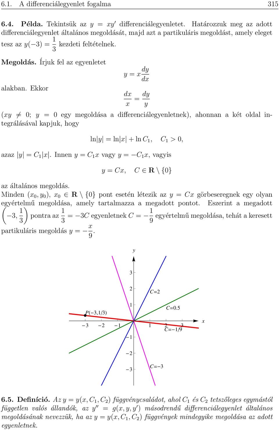 Írjuk fel az egyenletet y = dy d d = dy y (y 0; y = 0 egy megoldása a differenciálegyenletnek), ahonnan a két oldal integrálásával kapjuk, hogy ln y = ln + ln C 1, C 1 > 0, azaz y = C 1.