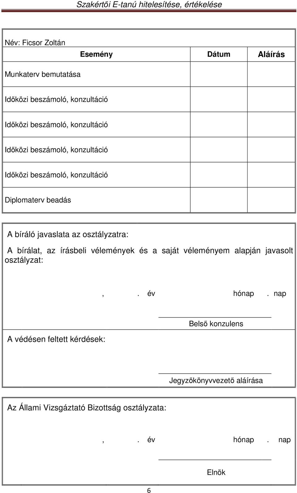 osztályzatra: A bírálat, az írásbeli vélemények és a saját véleményem alapján javasolt osztályzat:,. év hónap.