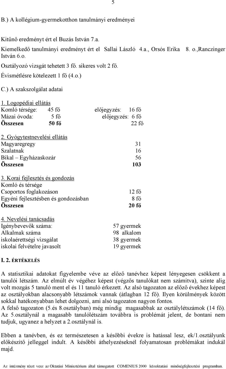 Logopédiai ellátás Komló térsége: 45 fő előjegyzés: 16 fő Mázai óvoda: 5 fő előjegyzés: 6 fő Összesen 50 fő 22 fő 2.