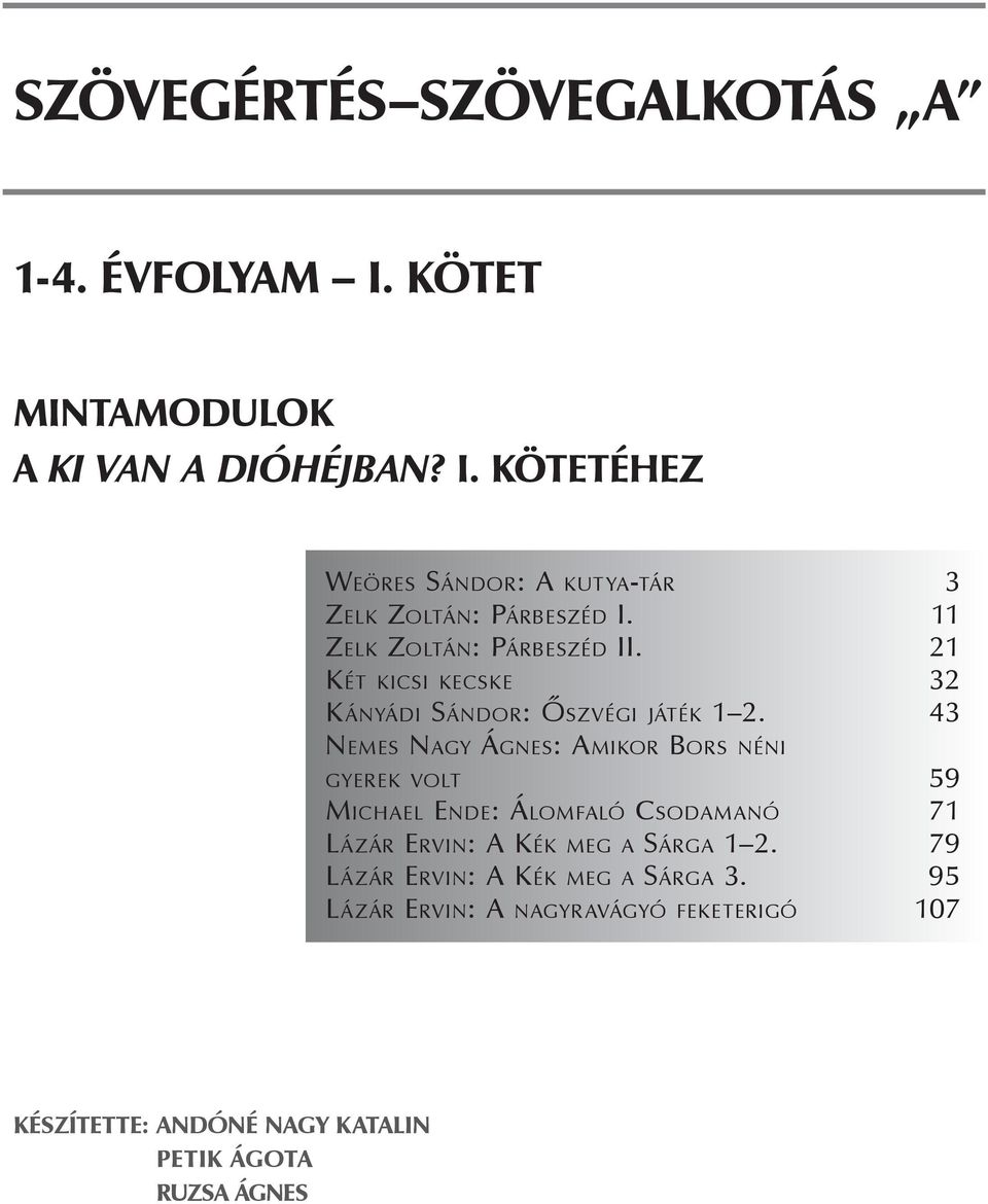 43 NEMES NAGY ÁGNES: AMIKOR BORS NÉNI GYEREK VOLT 59 MICHAEL ENDE: ÁLOMFALÓ CSODAMANÓ 71 LÁZÁR ERVIN: A KÉK MEG A SÁRGA 1 2.