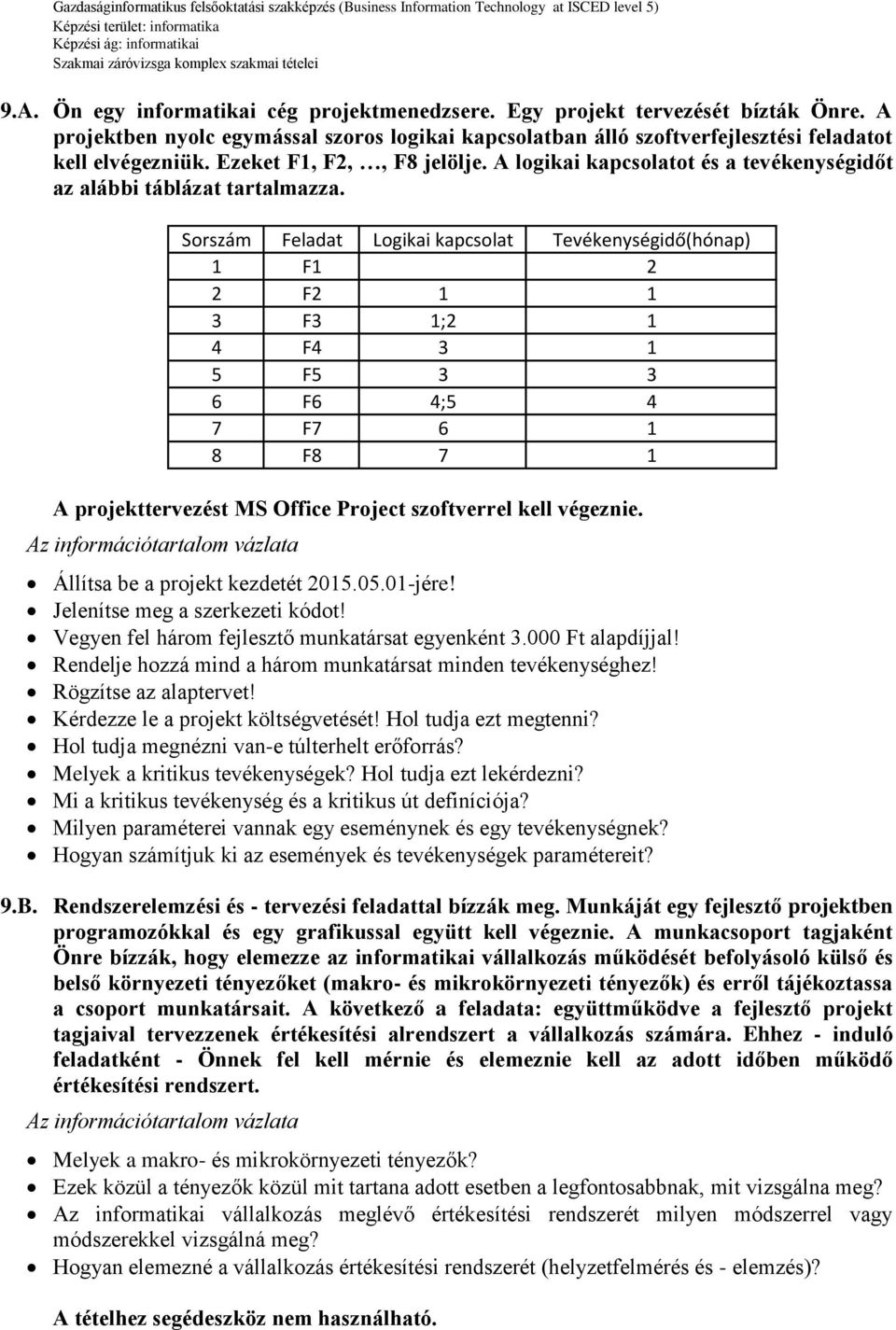 Állítsa be a projekt kezdetét 2015.05.01-jére! Jelenítse meg a szerkezeti kódot! Vegyen fel három fejlesztő munkatársat egyenként 3.000 Ft alapdíjjal!