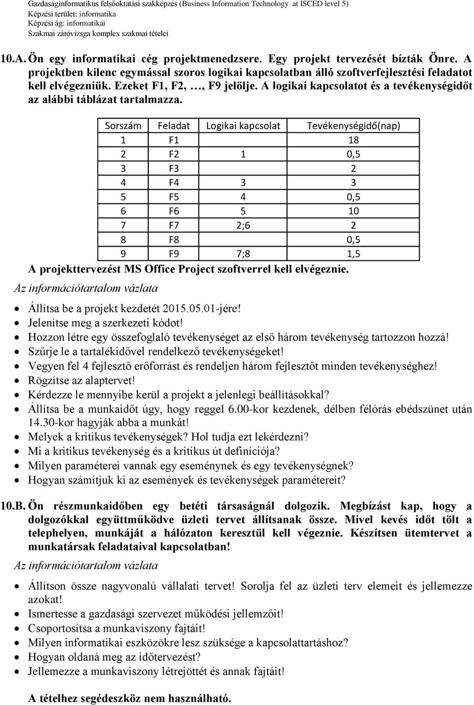 Állítsa be a projekt kezdetét 2015.05.01-jére! Jelenítse meg a szerkezeti kódot! Hozzon létre egy összefoglaló tevékenységet az első három tevékenység tartozzon hozzá!