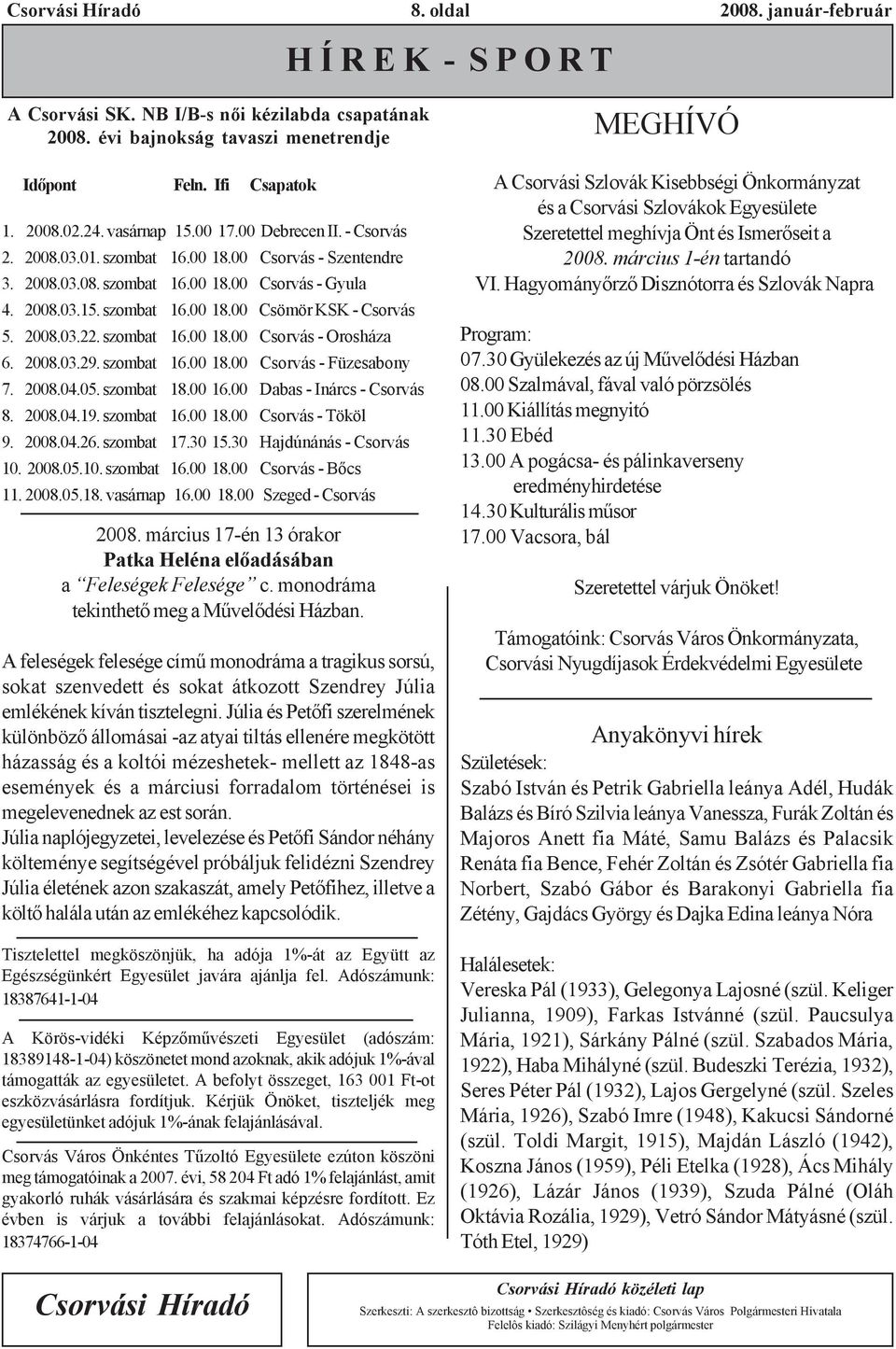 2008.03.22. szombat 16.00 18.00 Csorvás - Orosháza 6. 2008.03.29. szombat 16.00 18.00 Csorvás - Füzesabony 7. 2008.04.05. szombat 18.00 16.00 Dabas - Inárcs - Csorvás 8. 2008.04.19. szombat 16.00 18.00 Csorvás - Tököl 9.