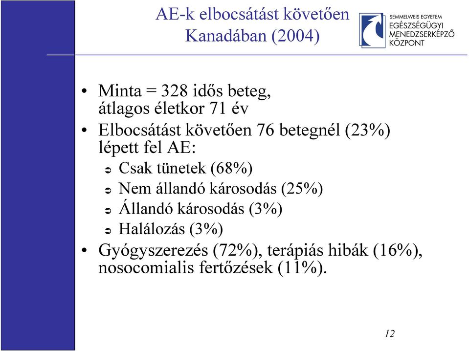 tünetek (68%) Nem állandó károsodás (25%) Állandó károsodás (3%) Halálozás (3%)