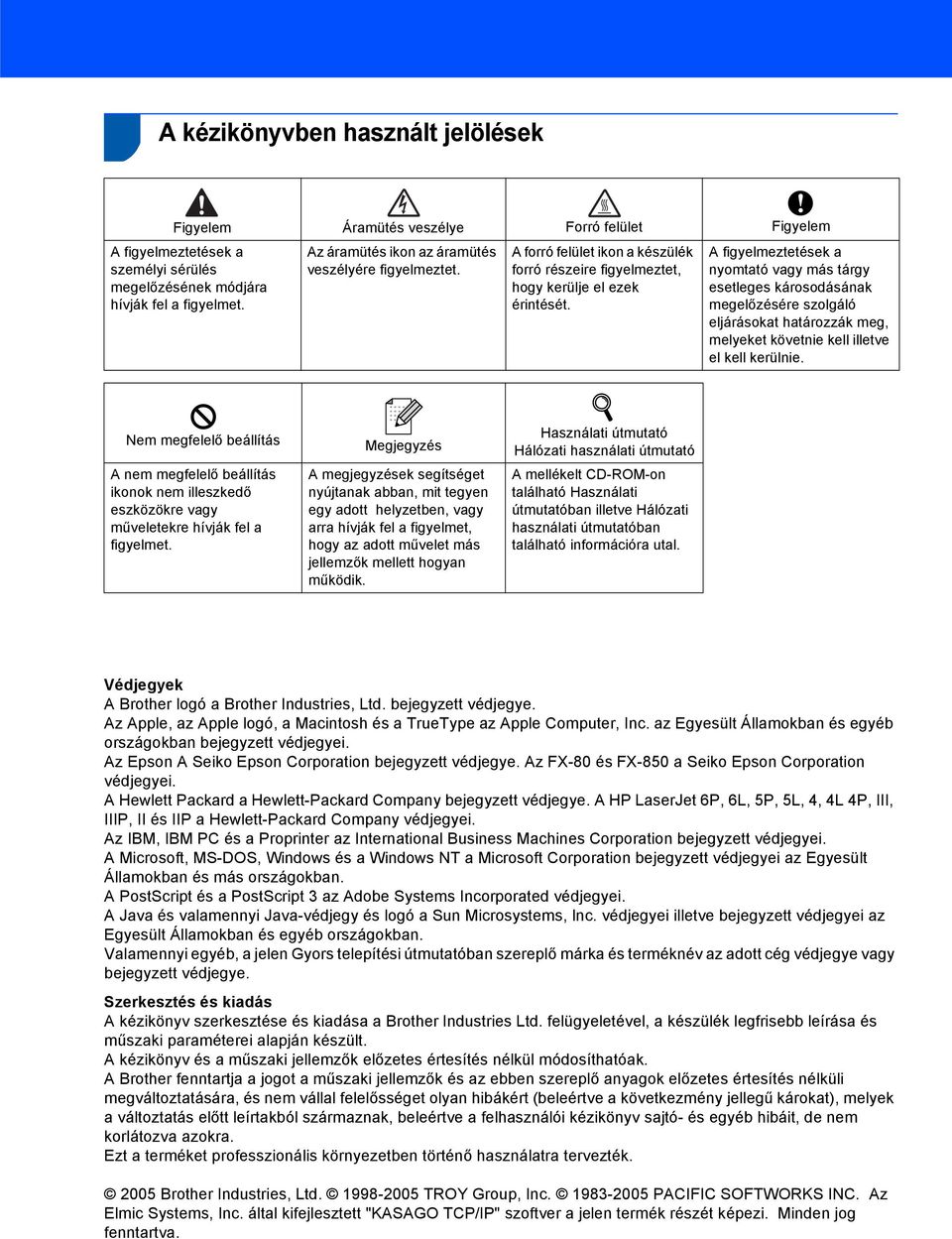 A figyelmeztetések a nyomtató vagy más tárgy esetleges károsodásának megelőzésére szolgáló eljárásokat határozzák meg, melyeket követnie kell illetve el kell kerülnie.