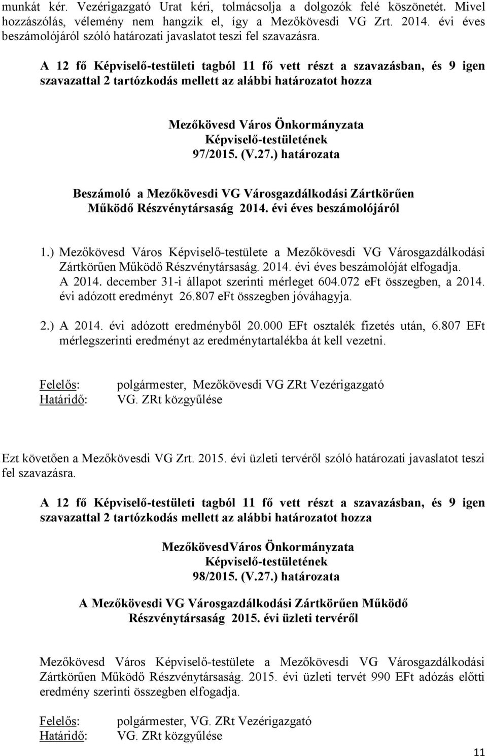 A 12 fő Képviselő-testületi tagból 11 fő vett részt a szavazásban, és 9 igen szavazattal 2 tartózkodás mellett az alábbi határozatot hozza Mezőkövesd Város Önkormányzata Képviselő-testületének