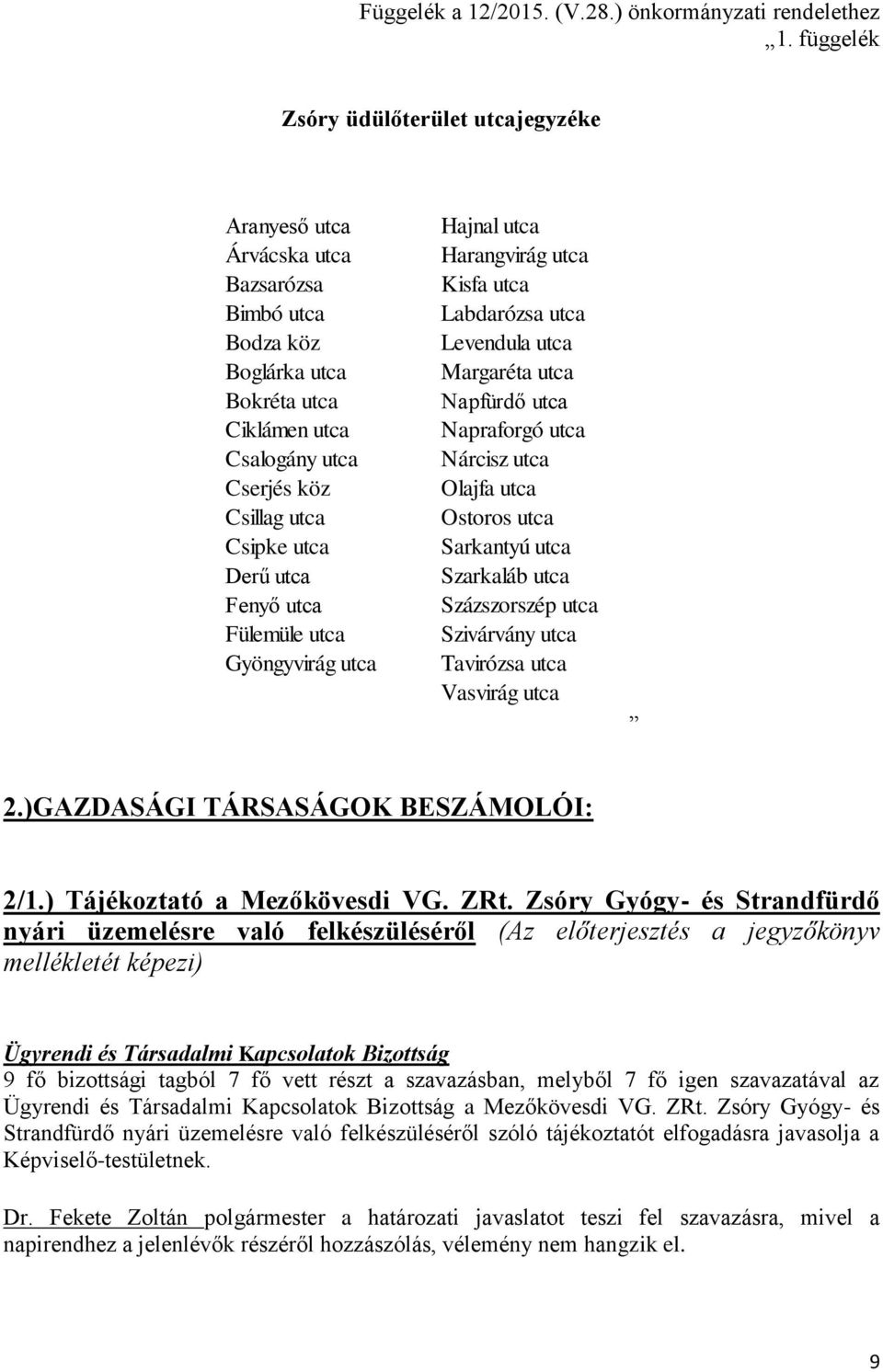 utca Fenyő utca Fülemüle utca Gyöngyvirág utca Hajnal utca Harangvirág utca Kisfa utca Labdarózsa utca Levendula utca Margaréta utca Napfürdő utca Napraforgó utca Nárcisz utca Olajfa utca Ostoros