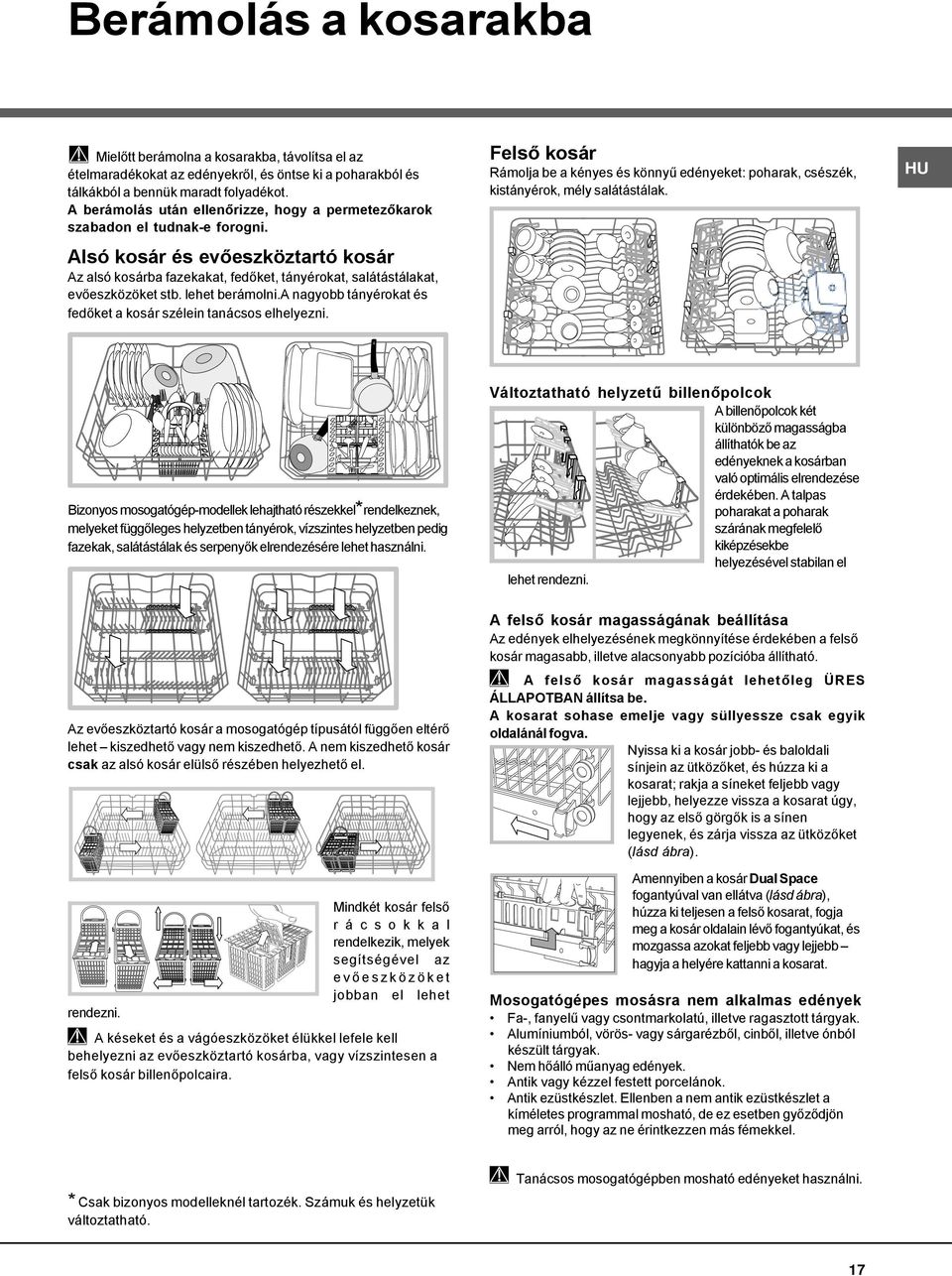 lehet berámolni.a nagyobb tányérokat és fedőket a kosár szélein tanácsos elhelyezni. Felső kosár Rámolja be a kényes és könnyű edényeket: poharak, csészék, kistányérok, mély salátástálak.