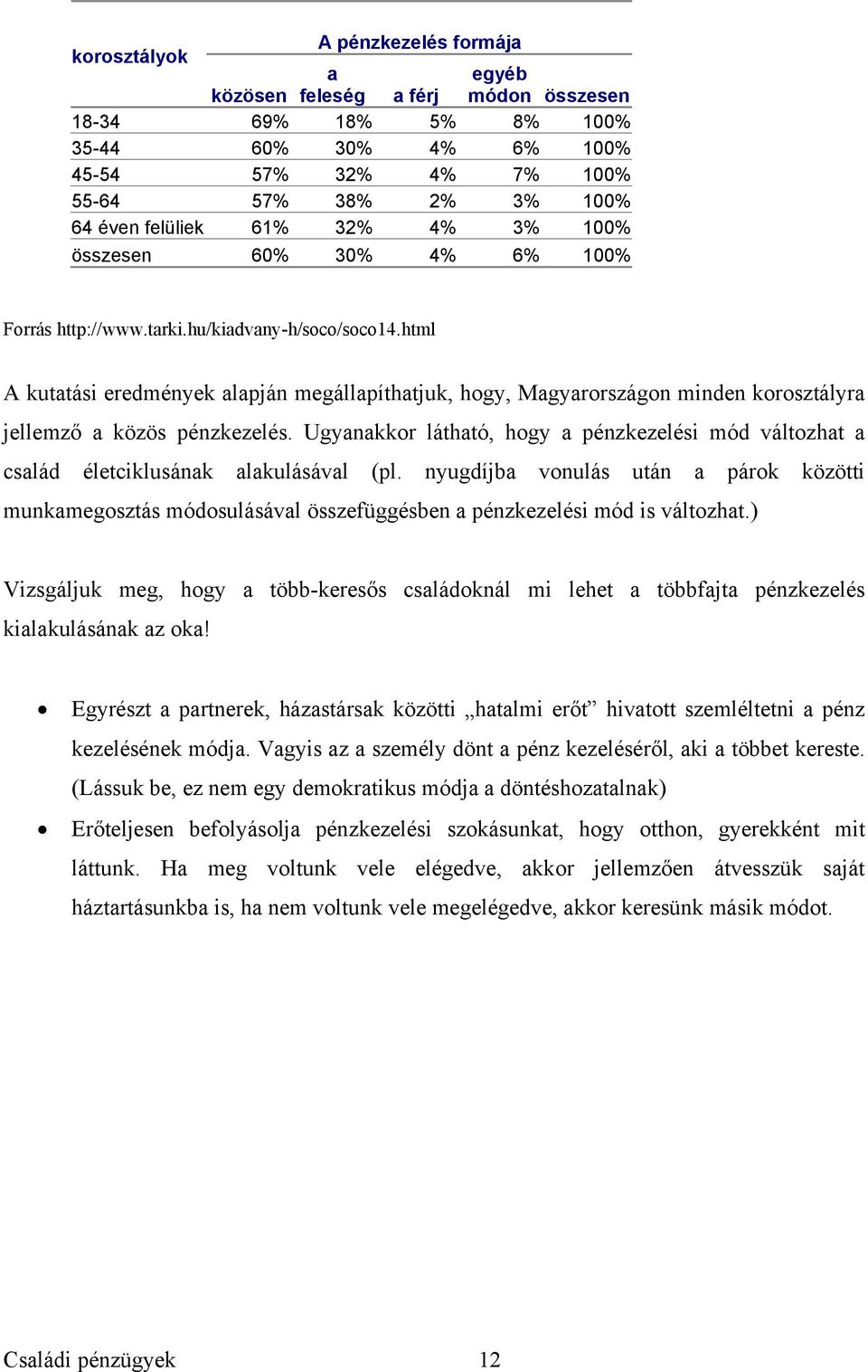 html A kutatási eredmények alapján megállapíthatjuk, hogy, Magyarországon minden korosztályra jellemző a közös pénzkezelés.