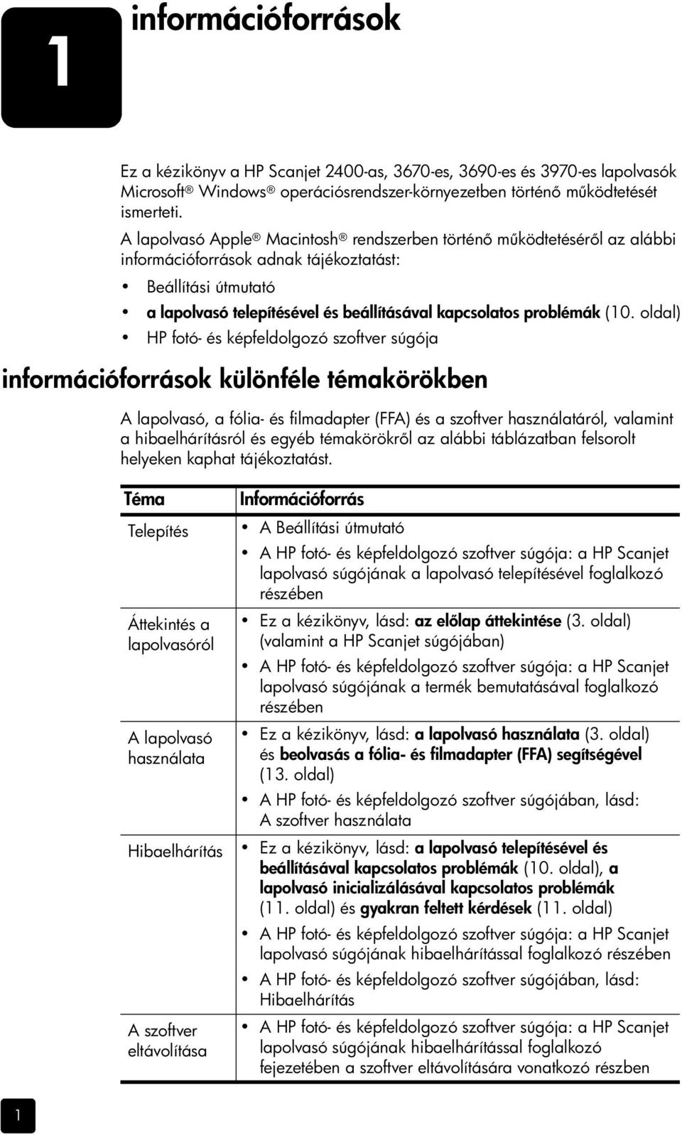 (10. oldal) HP fotó- és képfeldolgozó szoftver súgója információforrások különféle témakörökben A lapolvasó, a fólia- és filmadapter (FFA) és a szoftver használatáról, valamint a hibaelhárításról és