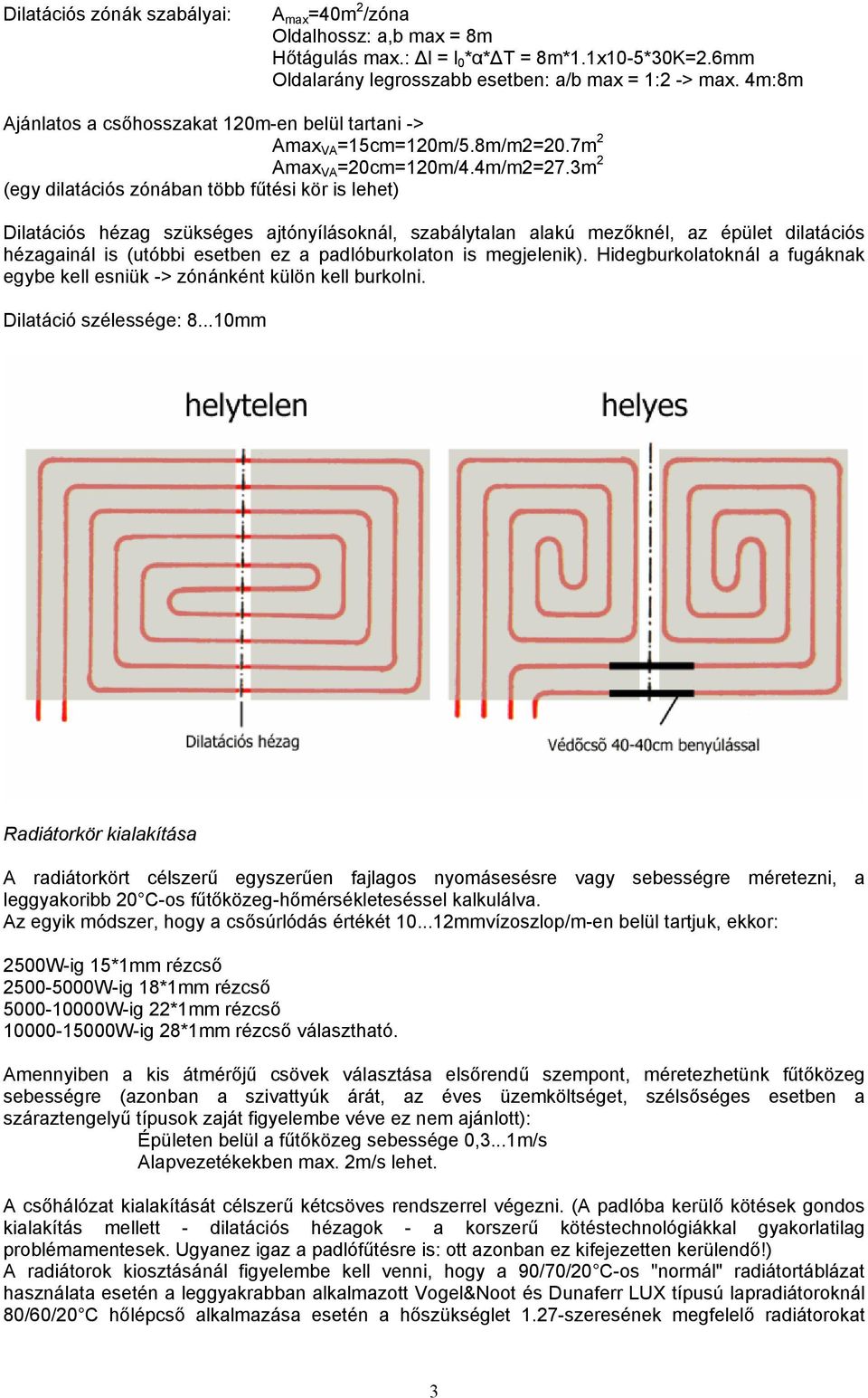 3m 2 (egy dilatációs zónában több fűtési kör is lehet) Dilatációs hézag szükséges ajtónyílásoknál, szabálytalan alakú mezőknél, az épület dilatációs hézagainál is (utóbbi esetben ez a padlóburkolaton