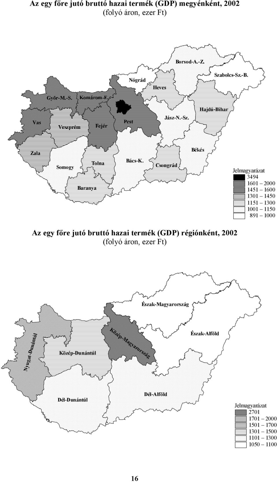 Csongrád Békés Jelmagyarázat 3494 1601 2000 1451 1600 1301 1450 1151 1300 1001 1150 891 1000 Az egy főre jutó bruttó hazai termék (GDP)