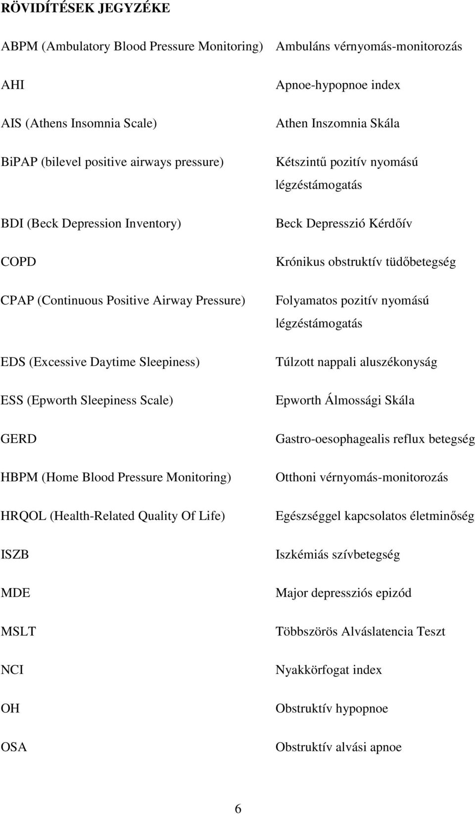 Of Life) ISZB MDE MSLT NCI OH OSA Apnoe-hypopnoe index Athen Inszomnia Skála Kétszintő pozitív nyomású légzéstámogatás Beck Depresszió Kérdıív Krónikus obstruktív tüdıbetegség Folyamatos pozitív