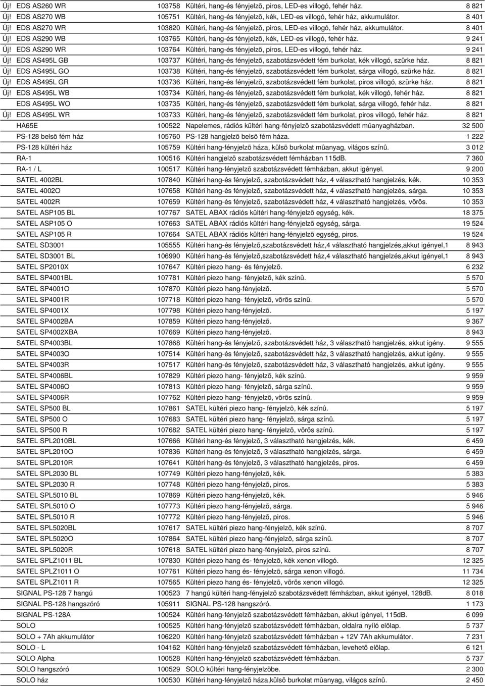 EDS AS290 WR 103764 Kültéri, hang-és fényjelzõ, piros, LED-es villogó, fehér ház. 9 241 Új! EDS AS495L GB 103737 Kültéri, hang-és fényjelzõ, szabotázsvédett fém burkolat, kék villogó, szürke ház.