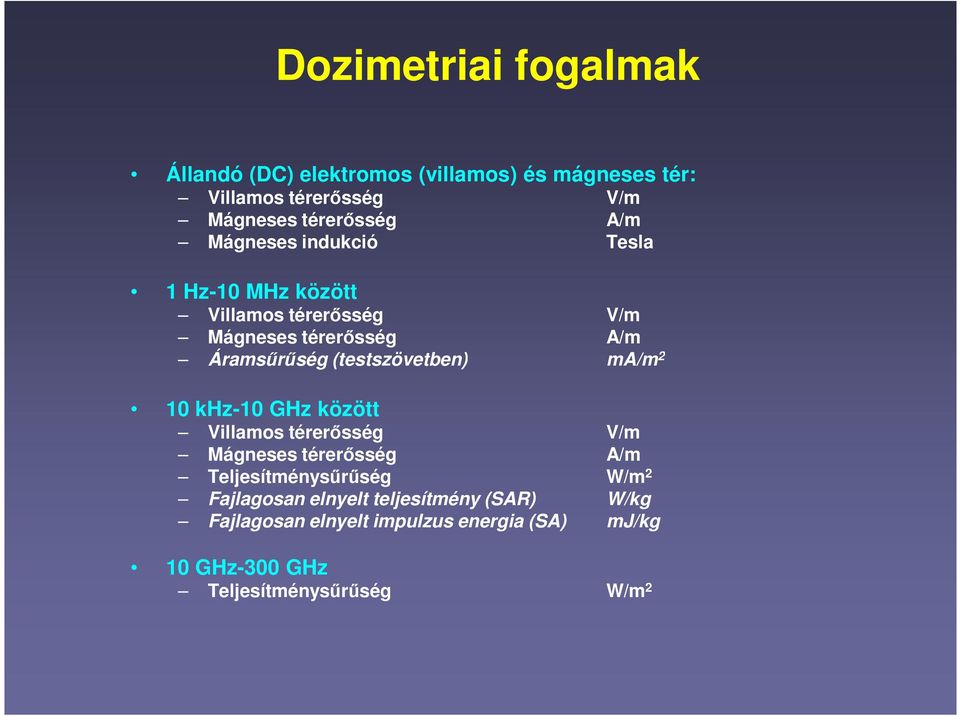 (testszövetben) ma/m 2 10 khz-10 GHz között Villamos térerősség V/m Mágneses térerősség A/m Teljesítménysűrűség W/m 2