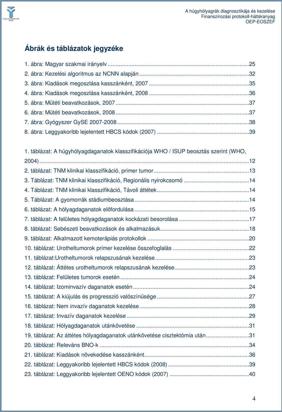 ábra: Leggyakoribb lejelentett HBCS kódok (2007)...39 1. táblázat: A húgyhólyagdaganatok klasszifikációja WHO / ISUP beosztás szerint (WHO, 2004)...12 2.