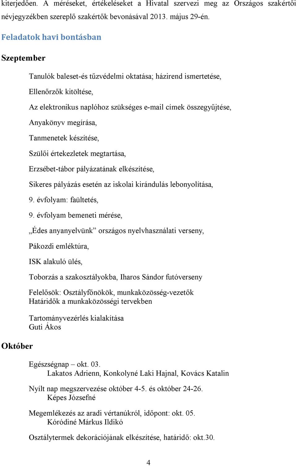 Anyakönyv megírása, Tanmenetek készítése, Szülői értekezletek megtartása, Erzsébet-tábor pályázatának elkészítése, Sikeres pályázás esetén az iskolai kirándulás lebonyolítása, 9.