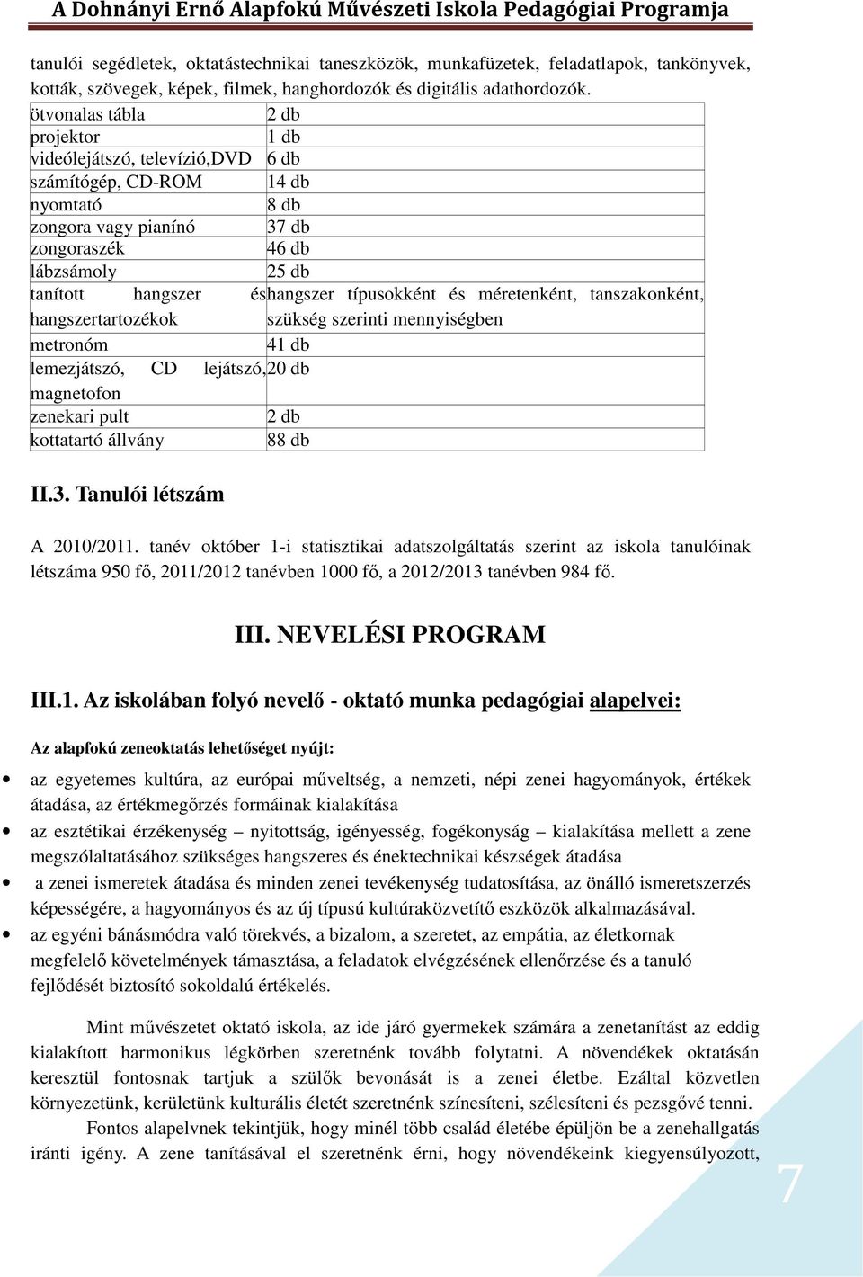 típusokként és méretenként, tanszakonként, hangszertartozékok szükség szerinti mennyiségben metronóm 41 db lemezjátszó, CD lejátszó, 20 db magnetofon zenekari pult 2 db kottatartó állvány 88 db II.3.