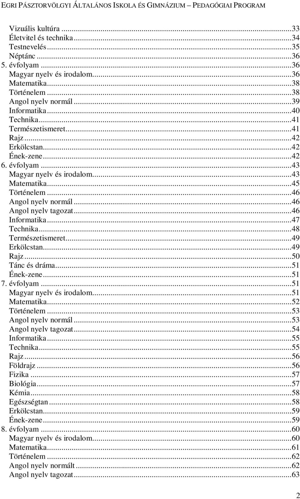 ..46 Angol nyelv tagozat...46 Informatika...47 Technika...48 Természetismeret...49 Erkölcstan...49 Rajz...50 Tánc és dráma...51 Ének-zene...51 7. évfolyam...51 Magyar nyelv és irodalom...51 Matematika.