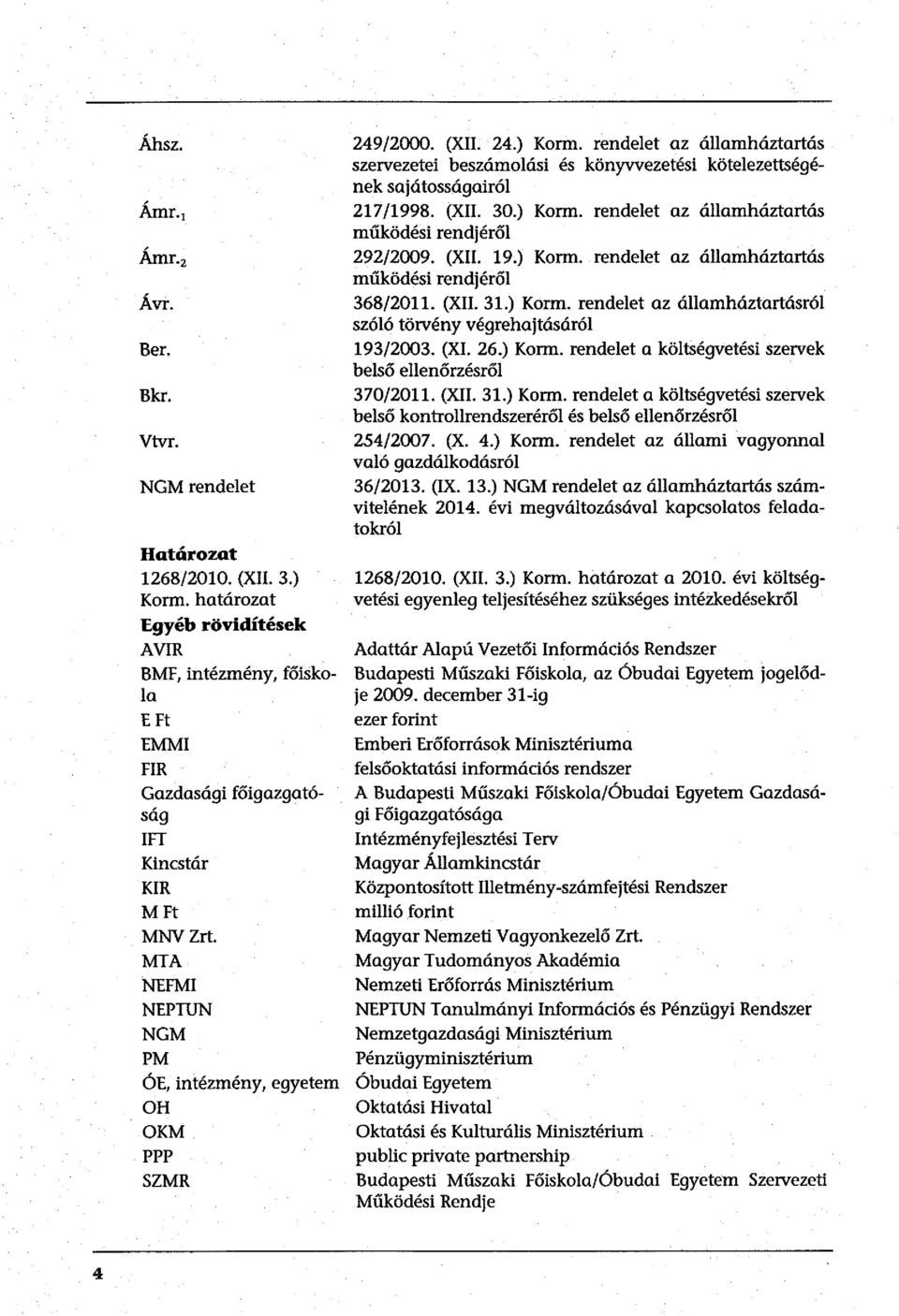 (XII. 24.) Korm. rendelet az államháztartás szervezetei beszámolási és könyvvezetési kötelezettségének sajátosságairól 217/1998. (XII. 30.) Korm. rendelet az államháztartás működési rendjéről 292/2009.