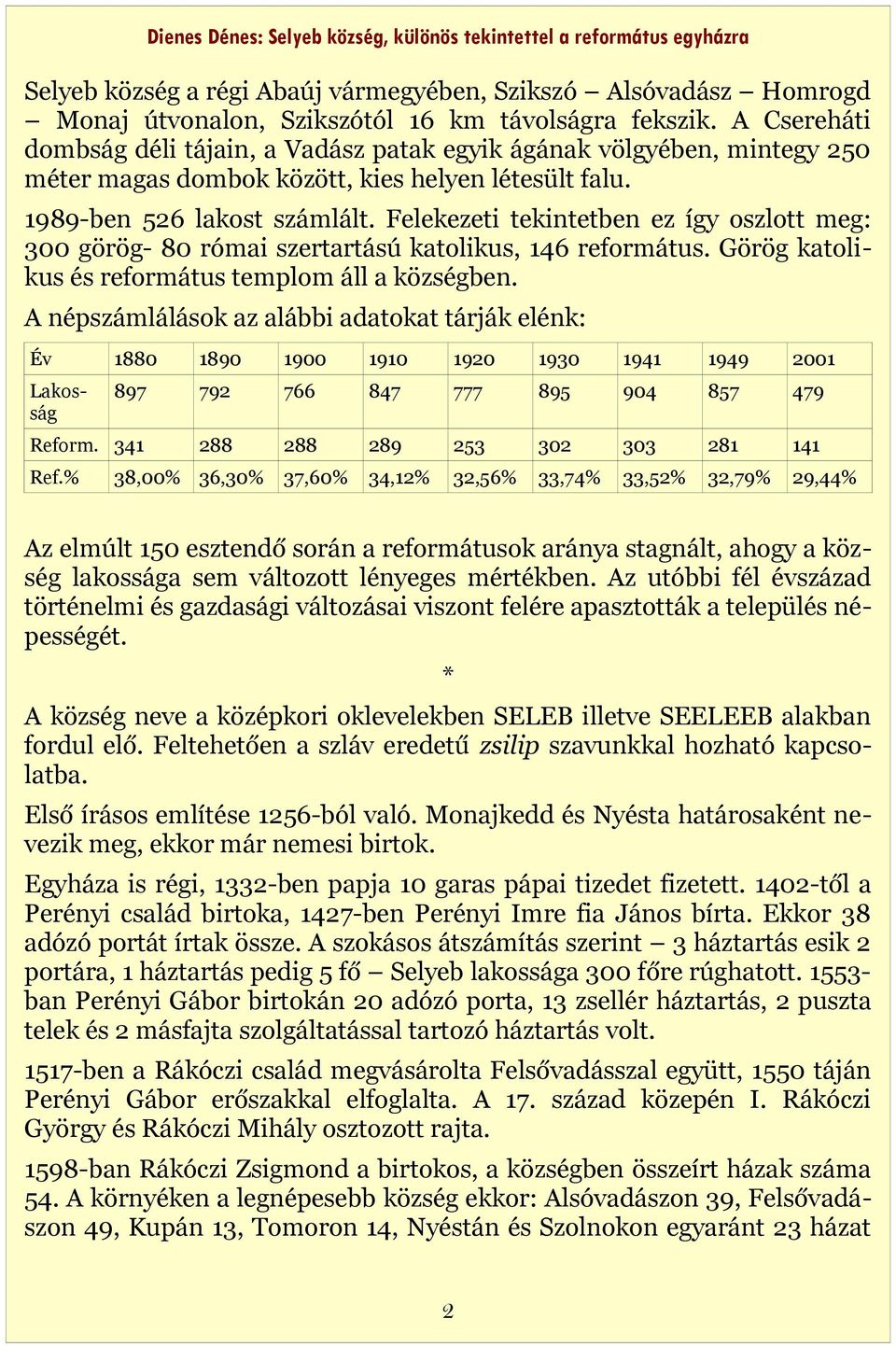 Felekezeti tekintetben ez így oszlott meg: 300 görög- 80 római szertartású katolikus, 146 református. Görög katolikus és református templom áll a községben.