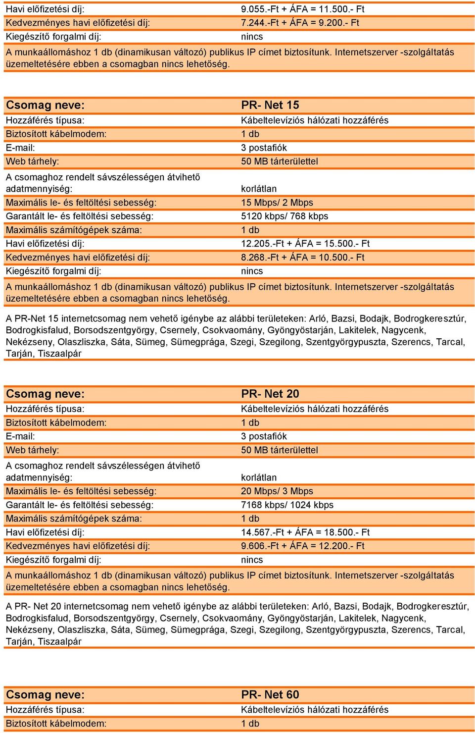 Internetszerver -szolgáltatás A PR-Net 15 internetcsomag nem vehető igénybe az alábbi területeken: Arló, Bazsi, Bodajk, Bodrogkeresztúr, Bodrogkisfalud, Borsodszentgyörgy, Csernely, Csokvaomány,