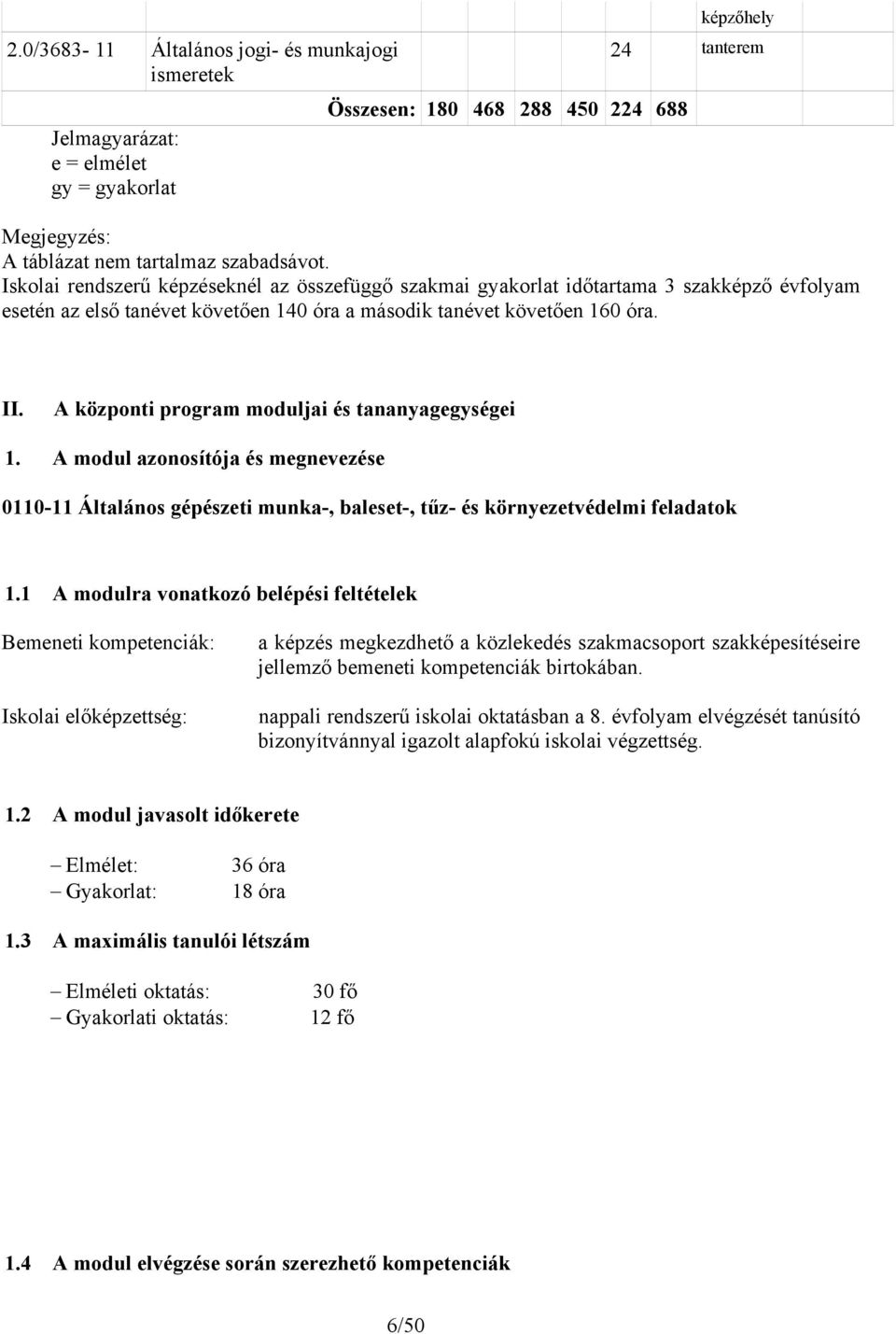 A központi program moduljai és tananyagegységei 1. A modul azonosítója és megnevezése 0110-11 Általános gépészeti munka-, baleset-, tűz- és környezetvédelmi feladatok 1.