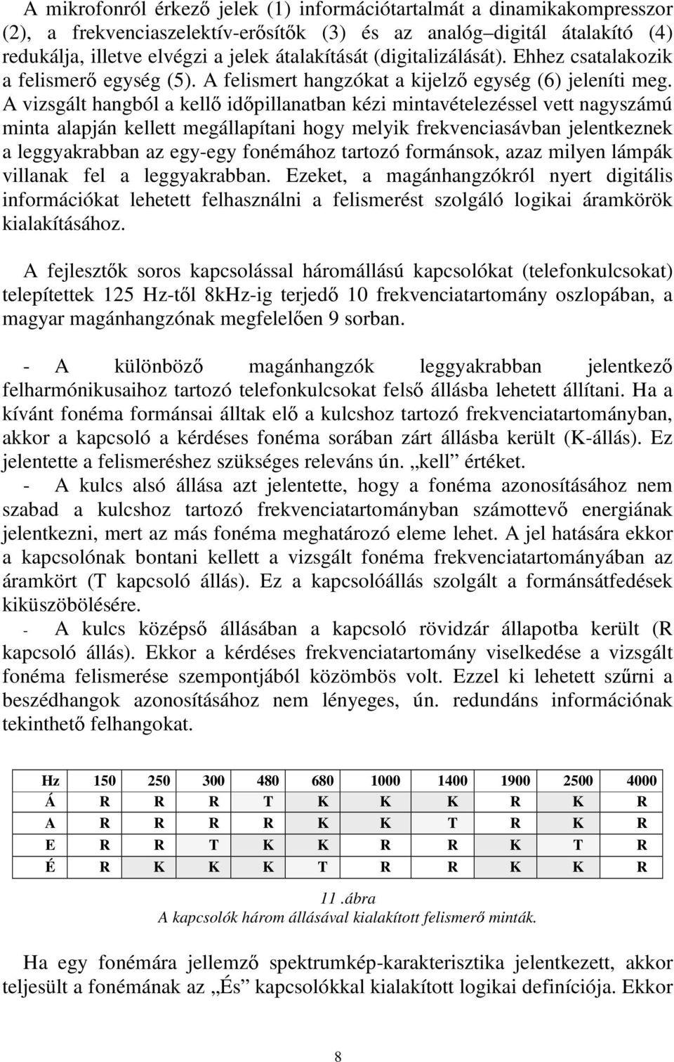 A vizsgált hangból a kellő időpillanatban kézi mintavételezéssel vett nagyszámú minta alapján kellett megállapítani hogy melyik frekvenciasávban jelentkeznek a leggyakrabban az egy-egy fonémához