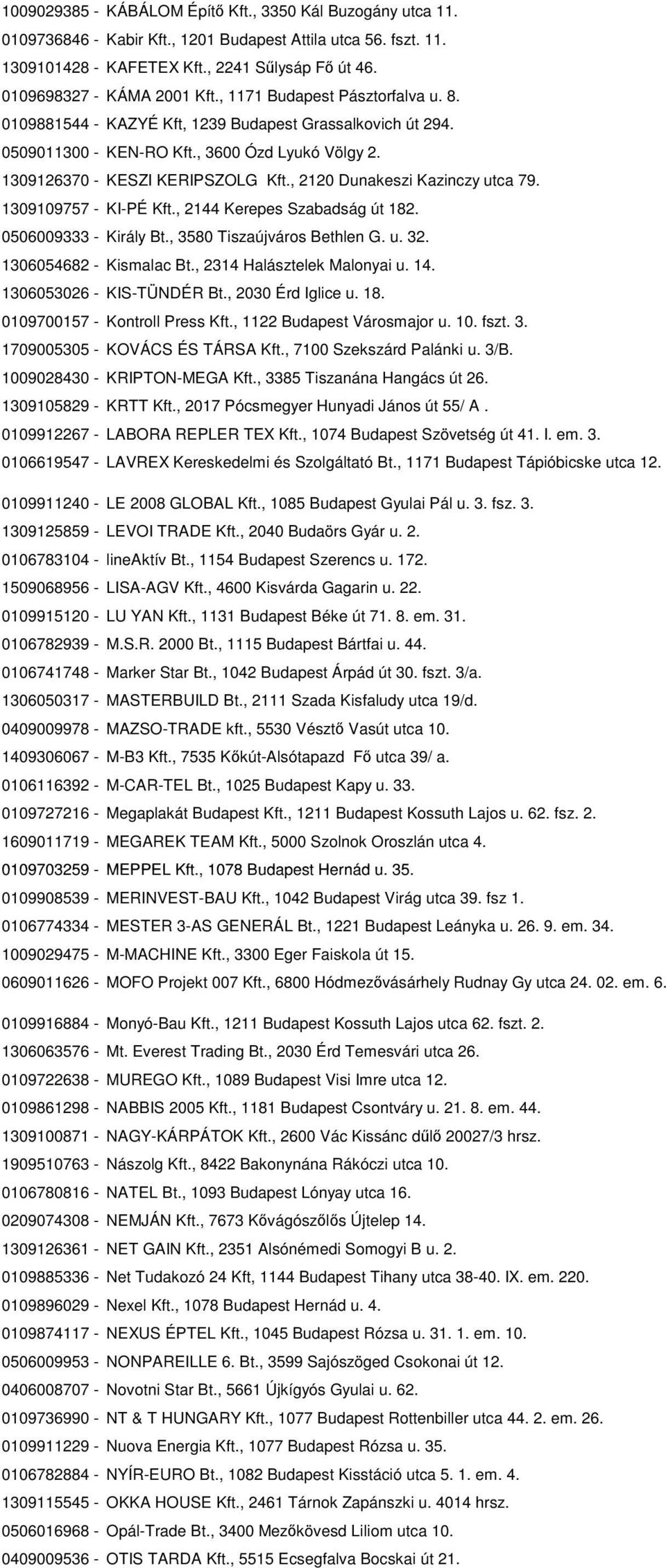 1309126370 - KESZI KERIPSZOLG Kft., 2120 Dunakeszi Kazinczy utca 79. 1309109757 - KI-PÉ Kft., 2144 Kerepes Szabadság út 182. 0506009333 - Király Bt., 3580 Tiszaújváros Bethlen G. u. 32.