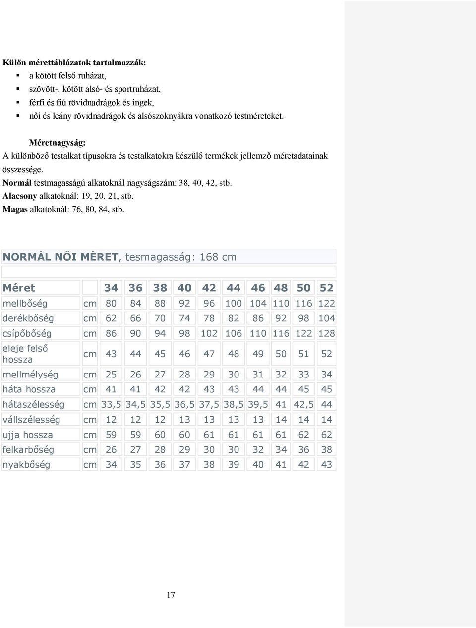 Alacsony alkatoknál: 19, 20, 21, stb. Magas alkatoknál: 76, 80, 84, stb.