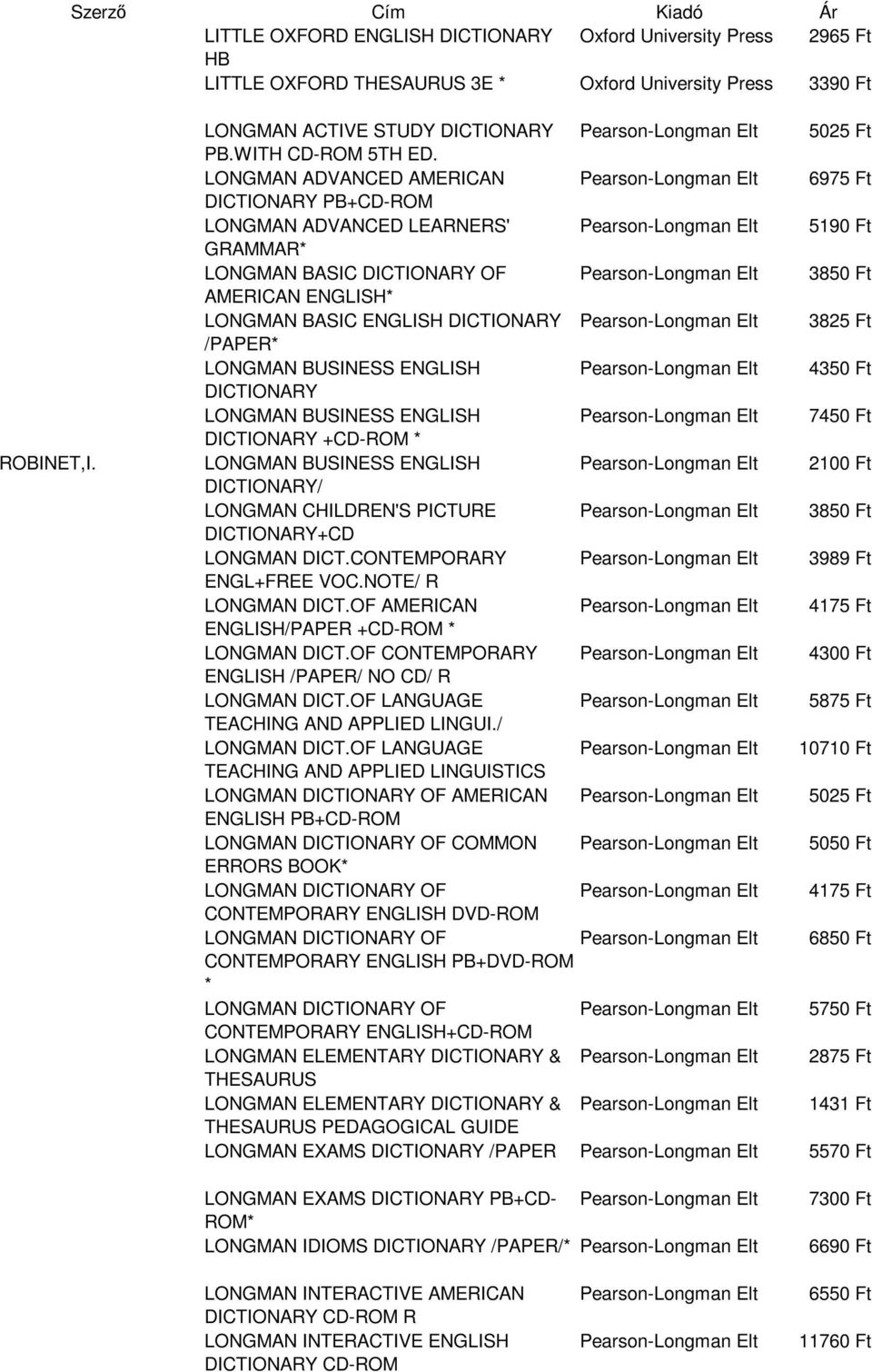 BASIC ENGLISH Pearson-Longman Elt 3825 Ft /PAPER* LONGMAN BUSINESS ENGLISH Pearson-Longman Elt 4350 Ft LONGMAN BUSINESS ENGLISH +CD-ROM * Pearson-Longman Elt 7450 Ft LONGMAN BUSINESS ENGLISH