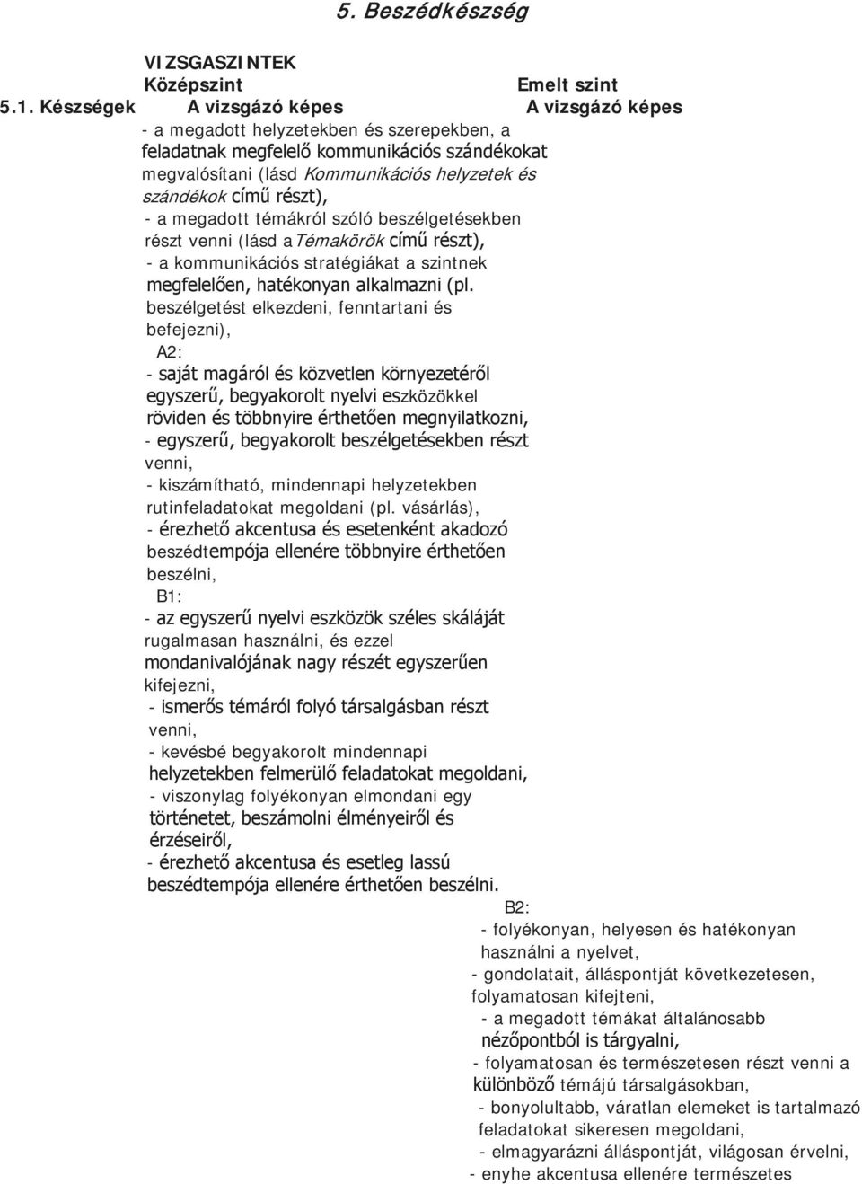 részt), - a megadott témákról szóló beszélgetésekben részt venni (lásd atémakörök című részt), - a kommunikációs stratégiákat a szintnek megfelelően, hatékonyan alkalmazni (pl.