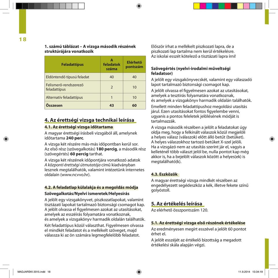 A vizsga két részére más-más időpontban kerül sor. Az első rész (szövegalkotás) 180 percig, a második rész (szövegértés) 60 percig tarthat.