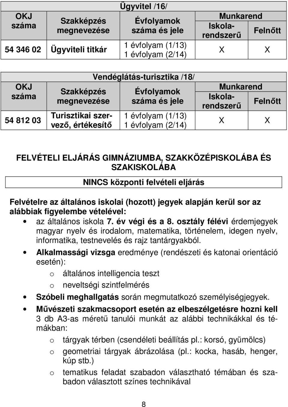 kerül sor az alábbiak figyelembe vételével: az általános iskola 7. év végi és a 8.